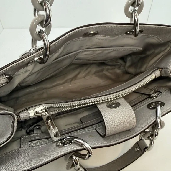 Michael Kors Cynthia Satchel Gray Saffiano Leather Chain Tote MK Charm - Picture 6 of 12